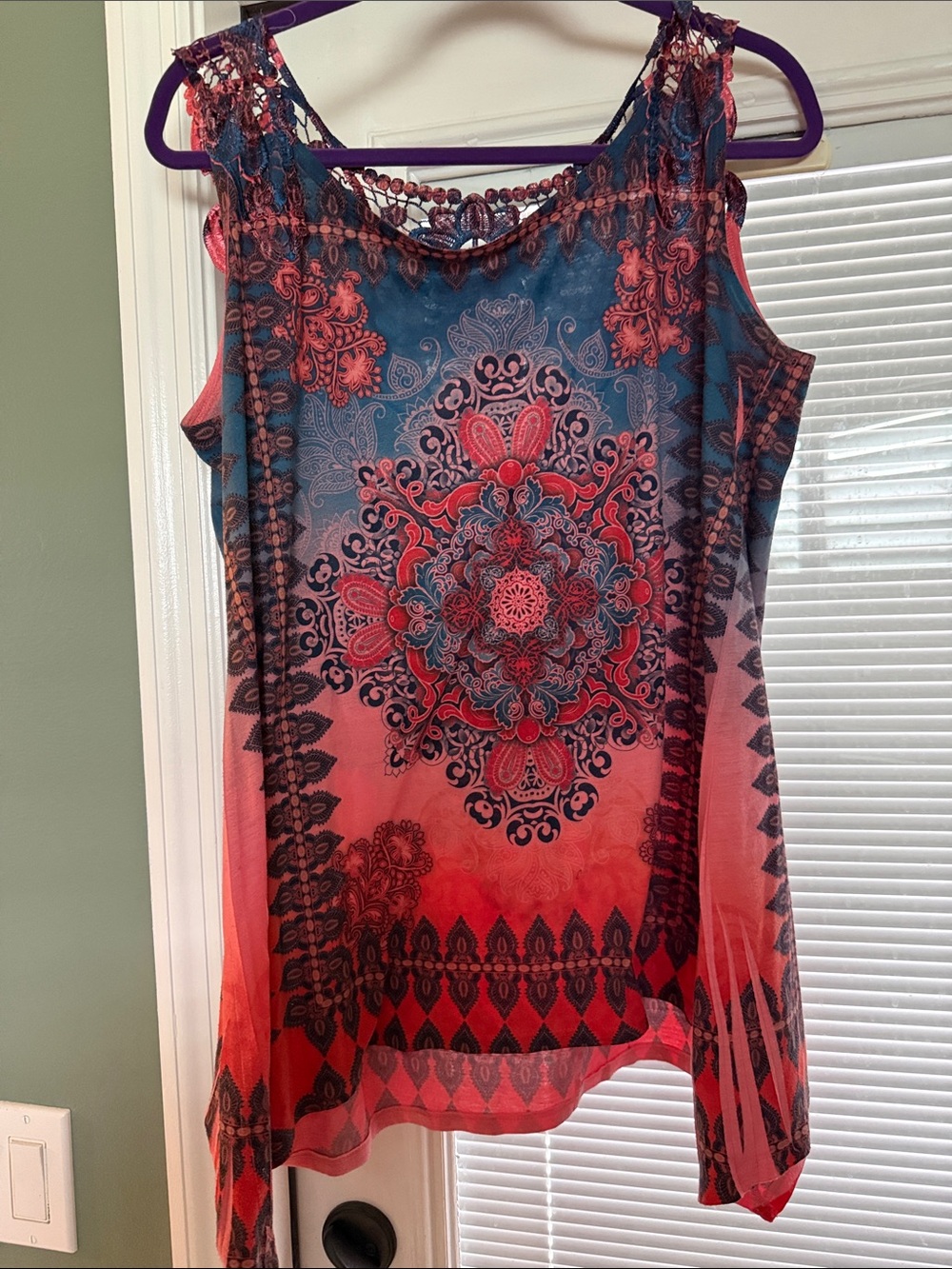 Crochet-Trim Medallion Tank Top in Coral and Teal